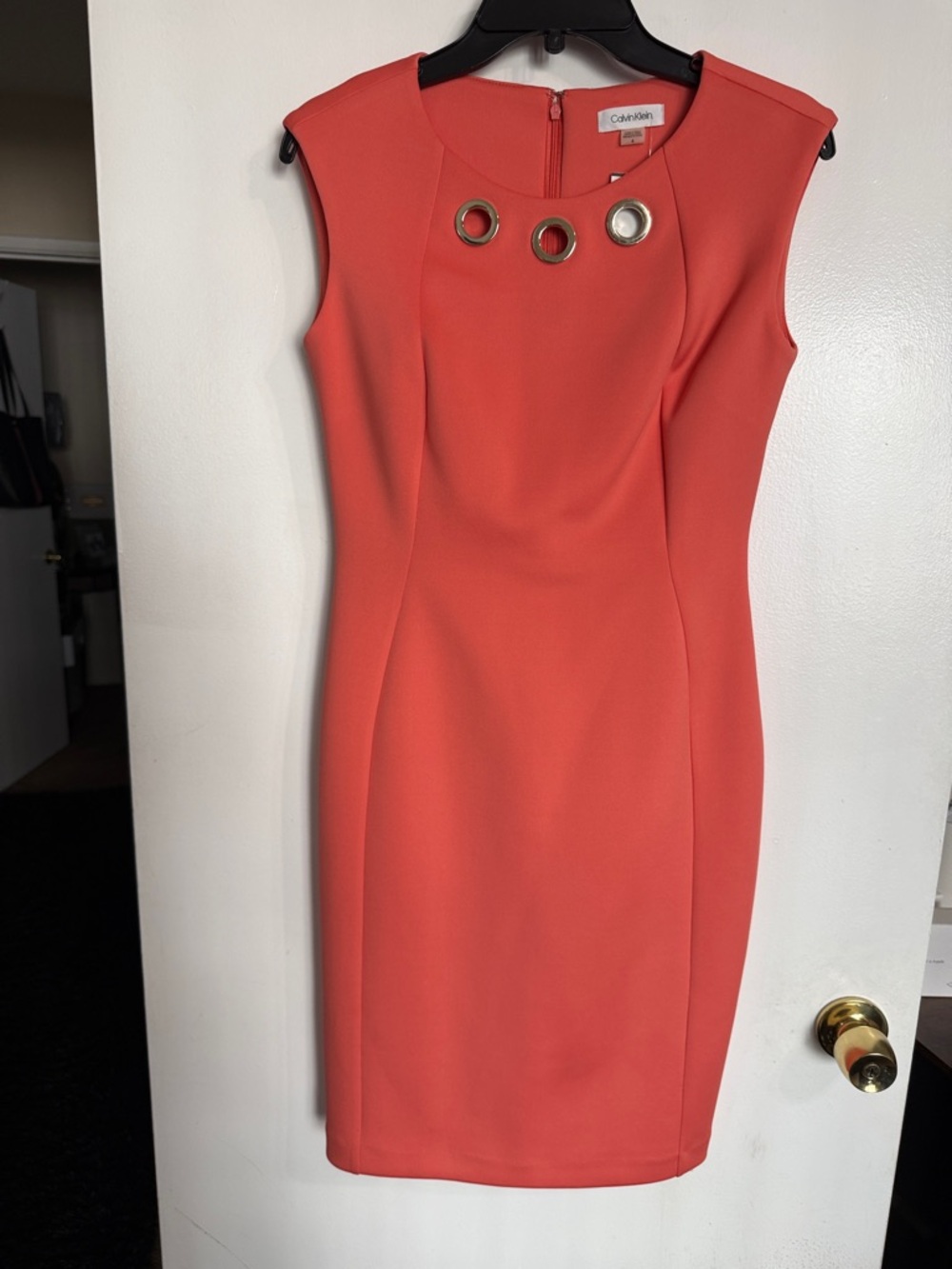 Calvin Klein Coral-Orange Sheath Dress with Grommet Accents